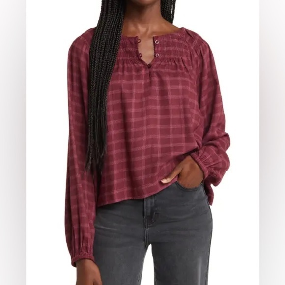 TREASURE & BOND Burgundy Plaid Smocked Blouse NEW - Picture 1 of 8